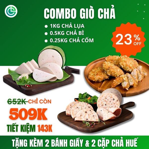 Combo Giò Chả Ngon Cửu Long: Chả Lụa (1KG), Chả Bì (0.5KG), Chả Cốm (0.25KG) - Giao Nóng Mỗi Ngày, Không Túi Nilon