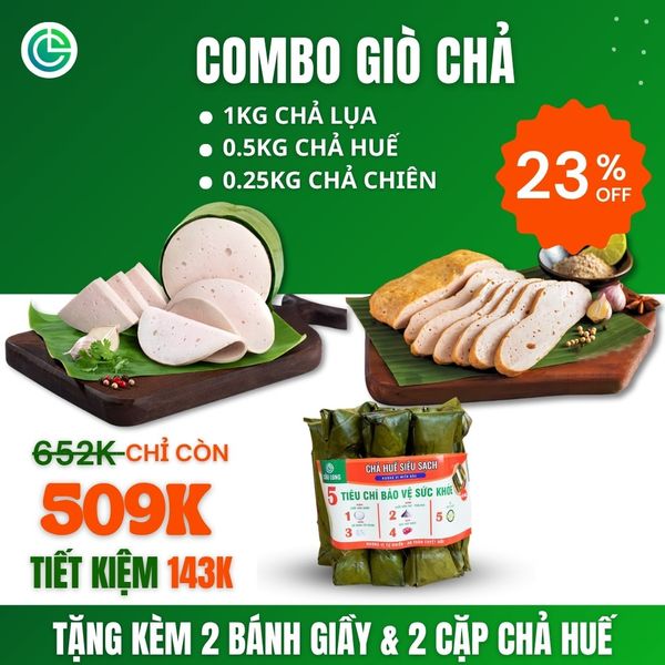 Combo Giò Chả Ngon Cửu Long: Chả Lụa (1KG), Chả Huế (0.5KG), Chả Chiên (0.25KG) - Giao Nóng Mỗi Ngày, Chuẩn ISO 22000
