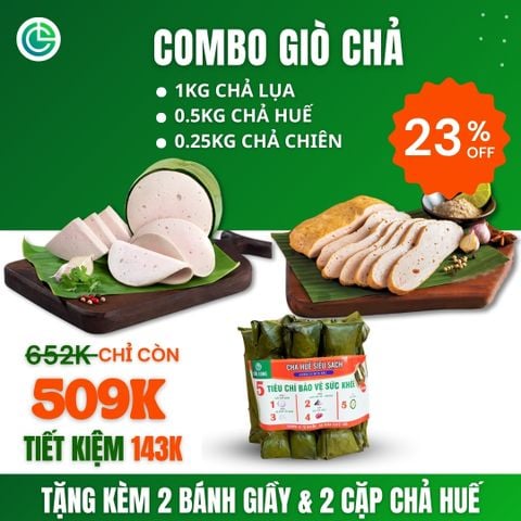 Combo Giò Chả Ngon Cửu Long: Chả Lụa (1KG), Chả Huế (0.5KG), Chả Chiên (0.25KG) - Giao Nóng Mỗi Ngày, Chuẩn ISO 22000