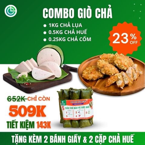 Combo Giò Chả Ngon Cửu Long: Chả Lụa (1KG), Chả Huế (0.5KG), Chả Cốm (0.25KG) - Không Phụ Gia Nhân Tạo, Giao Nóng