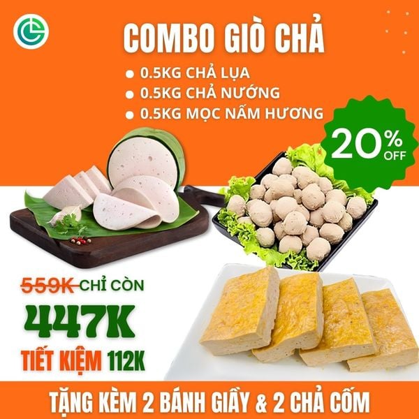 Combo Giò Chả Ngon Cửu Long: Chả Lụa (0.5KG), Chả Nướng (0.5KG), Chả Mọc Nấm Hướng (0.5KG) - Sạch Chuẩn ISO 22000