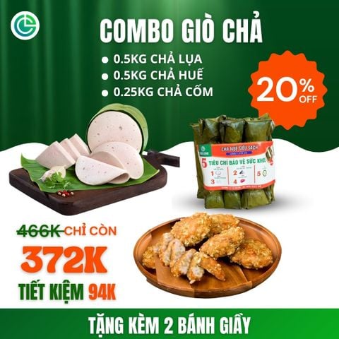 Combo Giò Chả Ngon Cửu Long: Chả Lụa (0.5KG), Chả Huế (0.5KG), Chả Cốm (0.25KG) - Giao Nóng Siêu Tiết Kiệm