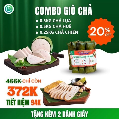 Combo Giò Chả Ngon Cửu Long: Chả Lụa (0.5KG), Chả Huế (0.5KG), Chả Chiên (0.25KG) - Chuẩn ISO 22000