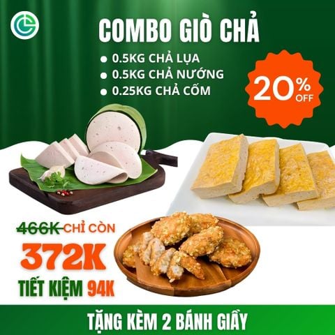 Combo Giò Chả Ngon Cửu Long: Chả Lụa (0.5KG), Chả Nướng(0.5KG), Chả Cốm (0.25KG) - Sạch ISO 22000