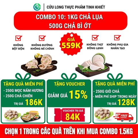 Combo Giò Chả Ngon Cửu Long: Chả Lụa (1KG), Chả Bì (0.5KG) - Không Túi Nilong, Sạch An Tâm