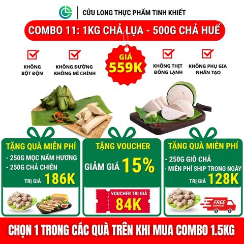 Combo Giò Chả Ngon Cửu Long: Chả Lụa (1KG), Chả Huế (0.5KG) - Không Phụ Gia Nhân Tạo, Chuẩn ISO 22000