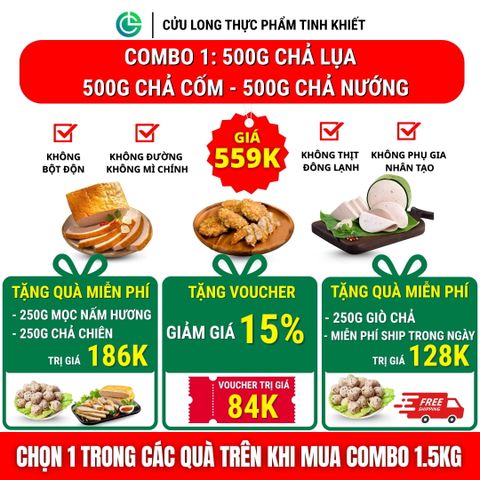 Combo Giò Chả Ngon Cửu Long: Chả Lụa (0.5KG), Chả Cốm (0.5KG), Chả Chiên (0.5KG) - Giao Nóng Mỗi Ngày