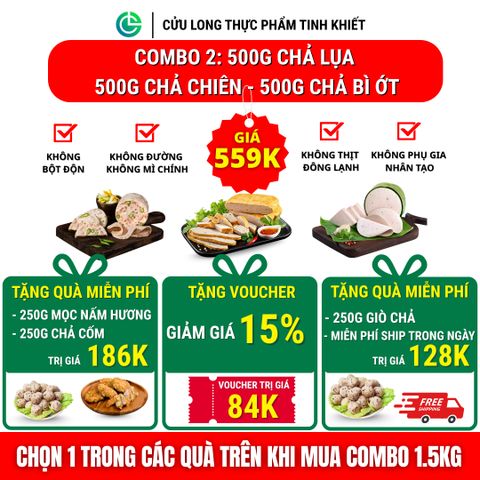 Combo Giò Chả Ngon Cửu Long 1.5kg:  Chả Lụa 500g, Chả Bì Ớt 500g, Chả Chiên 500g Trọn Bộ 3 Hương Vị Sạch Đạt Chuẩn ISO 22000