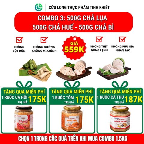 Combo Giò Chả Ngon Cửu Long 1.5kg: Chả Lụa 500g, Chả Bì 500g, Chả Huế 500g - Không Túi Nilong, Gói Lá Chuối Tươi Chuẩn Vị Truyền Thống