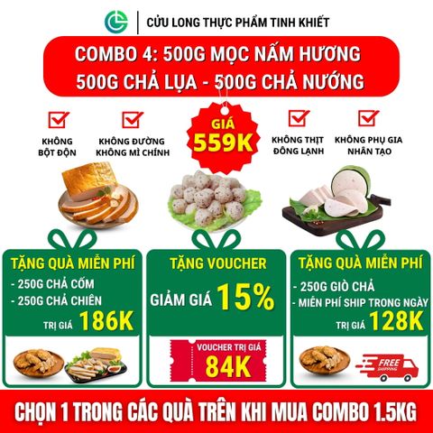 Combo Giò Chả Ngon Cửu Long: Chả Lụa (0.5KG), Chả Nướng (0.5KG), Chả Mọc Nấm Hướng (0.5KG) - Sạch Chuẩn ISO 22000