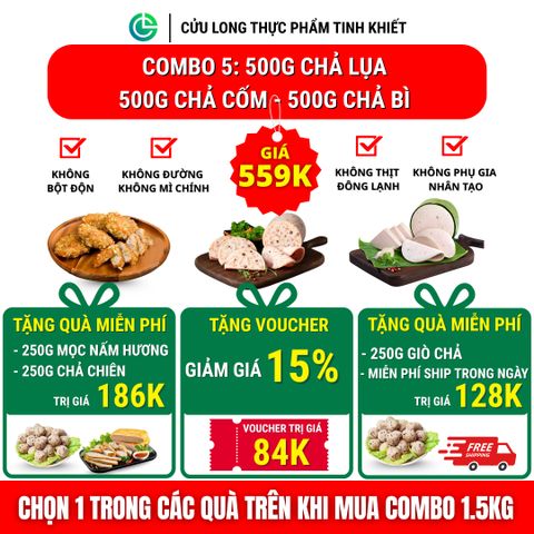 Combo Giò Chả Ngon Cửu Long 1.5kg: Chả Lụa 500g, Chả Bì 500g, Chả Cốm 500g - Sạch An Tâm, Chuẩn ISO 22000