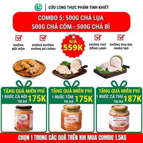 Combo Giò Chả Ngon Cửu Long 1.5kg: Chả Lụa 500g, Chả Bì 500g, Chả Cốm 500g - Sạch An Tâm, Chuẩn ISO 22000