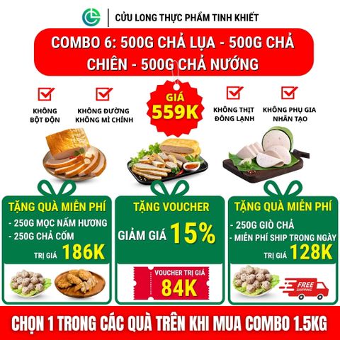 Combo Giò Chả Ngon Cửu Long: Chả Lụa (0.5KG), Chả Nướng (0.5KG), Chả Chiên (0.5KG) - Sạch An Tâm, Tiết Kiệm