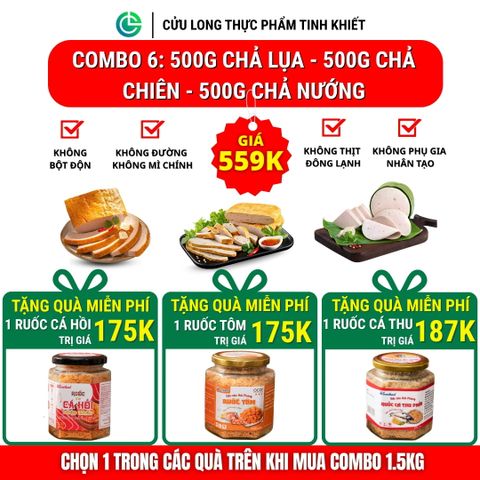 Combo Giò Chả Ngon Cửu Long: Chả Lụa (0.5KG), Chả Nướng (0.5KG), Chả Chiên (0.5KG) - Sạch An Tâm, Tiết Kiệm