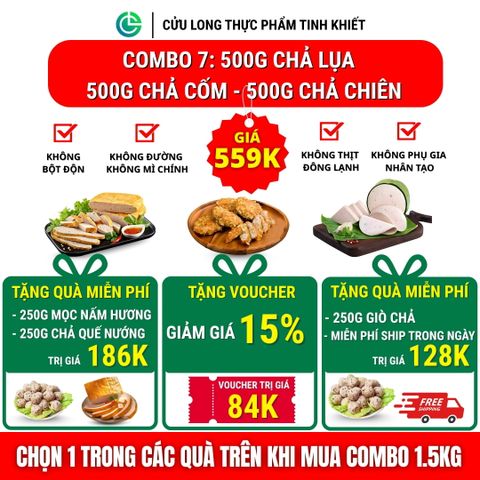 Combo Giò Chả Ngon Cửu Long: Chả Lụa (0.5KG), Chả Cốm (0.5KG), Chả Chiên (0.5KG) - Sạch An Tâm, Giao Nóng