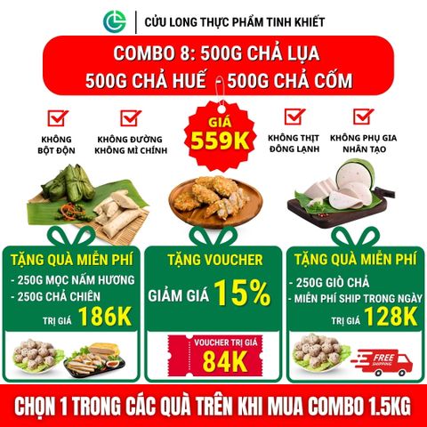 Combo Giò Chả Ngon Cửu Long: Chả Lụa (0.5KG), Chả Cốm (0.5KG), Chả Huế (0.5KG) - Sạch, Tiết Kiệm, An Tâm