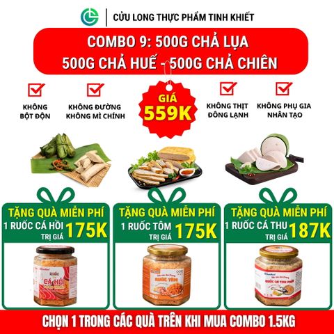 Combo Giò Chả Ngon Cửu Long 1.5kg: Chả Lụa 500g, Chả Chiên 500g, Chả Huế 500g - Giao Nóng Mỗi Ngày