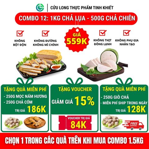 Combo Giò Chả Ngon Cửu Long: Chả Lụa (1KG), Chả Chiên (0.5KG) -Không Phụ Gia Nhân Tạo, Giao Nóng Mỗi Ngày