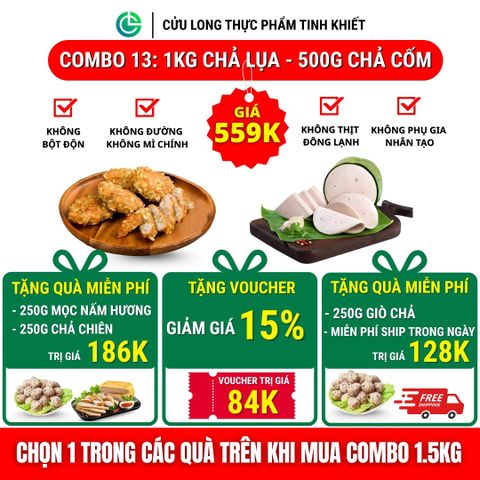 Combo Giò Chả Ngon Cửu Long: Chả Lụa (1KG), Chả Cốm (0.5KG) - Giao Nóng Trong Ngày, Sạch Tiết Kiệm