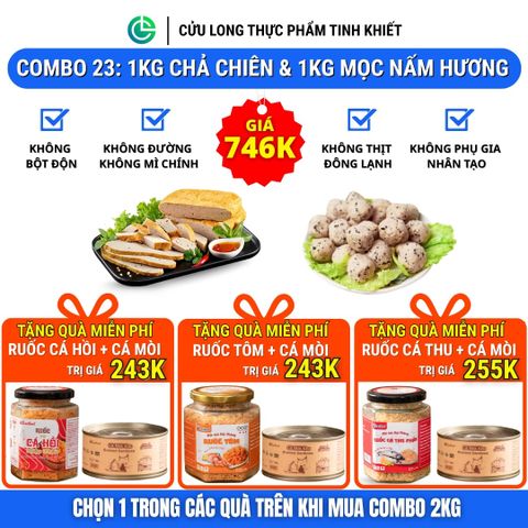 Combo Giò Chả Ngon Cửu Long 1.5Kg: Chả Chiên Sạch 1Kg, Chả Mọc Nấm Hương 0.5Kg - Không Bột, Không Phụ Gia Nhân Tạo