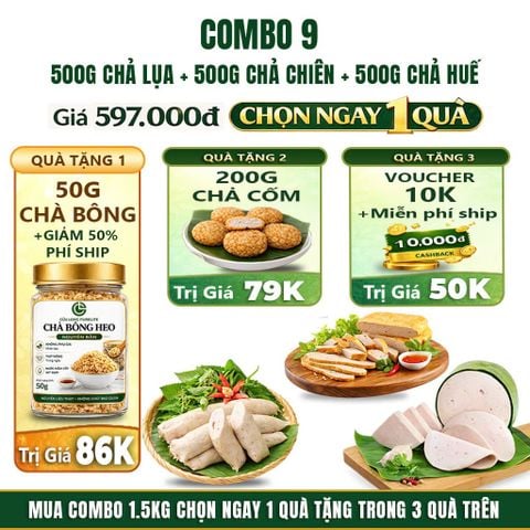 Combo Giò Chả Ngon Cửu Long 1.5kg: Chả Lụa 500g, Chả Chiên 500g, Chả Huế 500g - Giao Nóng Mỗi Ngày