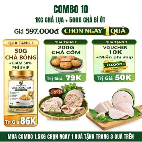 Combo Giò Chả Ngon Cửu Long: Chả Lụa (1KG), Chả Bì (0.5KG) - Không Túi Nilong, Sạch An Tâm