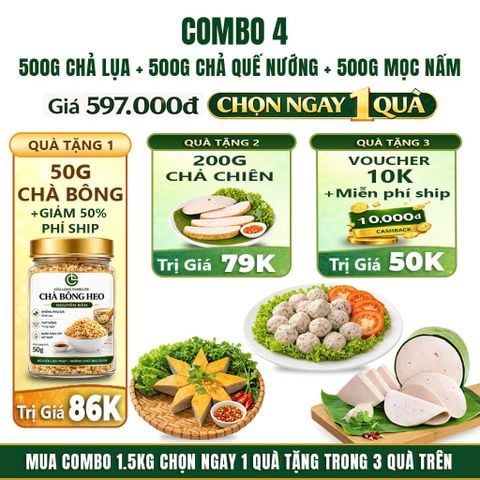 Combo Giò Chả Ngon Cửu Long: Chả Lụa (0.5KG), Chả Nướng (0.5KG), Chả Mọc Nấm Hướng (0.5KG) - Sạch Chuẩn ISO 22000