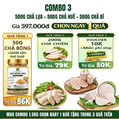 Combo Giò Chả Ngon Cửu Long 1.5kg: Chả Lụa 500g, Chả Bì 500g, Chả Huế 500g - Không Túi Nilong, Gói Lá Chuối Tươi Chuẩn Vị Truyền Thống