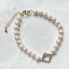 Vòng Tay Ngọc Trai Tự Nhiên Mặt Đá Cỏ 4 Lá MADAME HIEN PEARL Cho Nữ VTT124