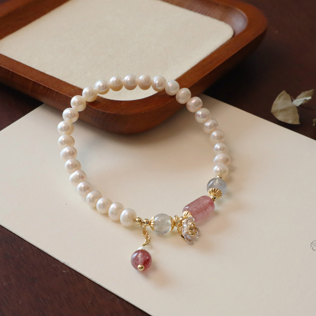 Vòng Tay Ngọc Trai Tự Nhiên Mặt Phối Pha Lê Dậu Tây và Cẩm Thạch MADAME HIEN PEARLS Cho Nữ VTT131