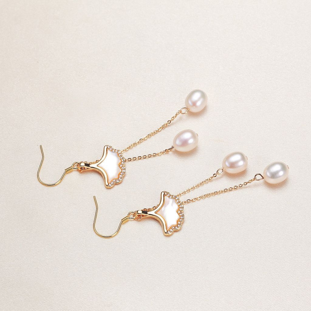 Bông Tai Ngọc Trai Giọt Nước Tự Nhiên Tua Rua Lá Bạch Quả Ginkgo MADAME HIEN PEARLS Cho Nữ BTG162