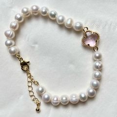 Vòng Tay Ngọc Trai Tự Nhiên Mặt Đá Cỏ 4 Lá MADAME HIEN PEARL Cho Nữ VTT124