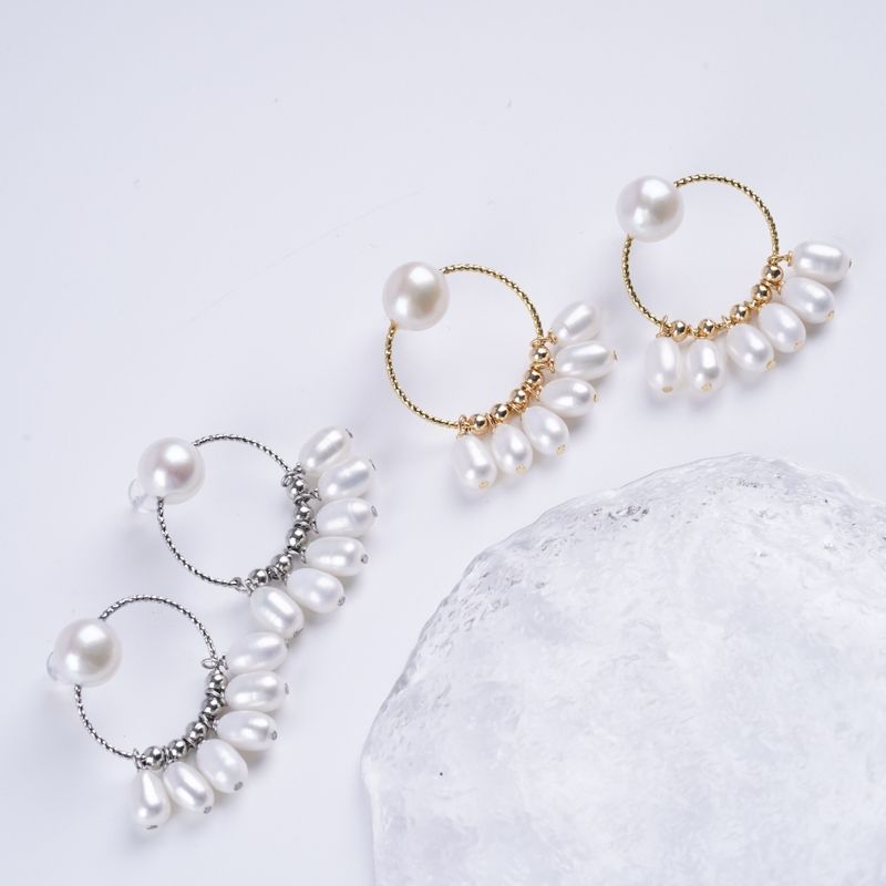 Bông Tai Ngọc Trai Tự Nhiên Hiện Đại Vòng Tròn Đính 6 Hạt Ngọc Trai Giọt Nước Ngọc Trai Phú Quốc Giá Sỉ BTG169