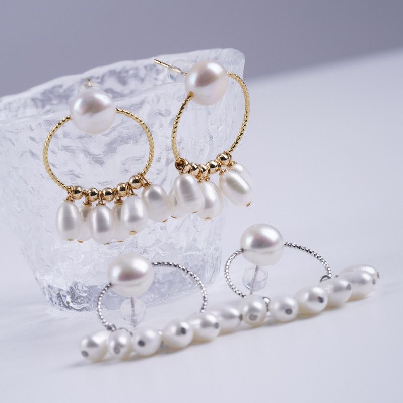 Bông Tai Ngọc Trai Tự Nhiên Hiện Đại Vòng Tròn Đính 6 Hạt Ngọc Trai Giọt Nước Ngọc Trai Phú Quốc Giá Sỉ BTG169