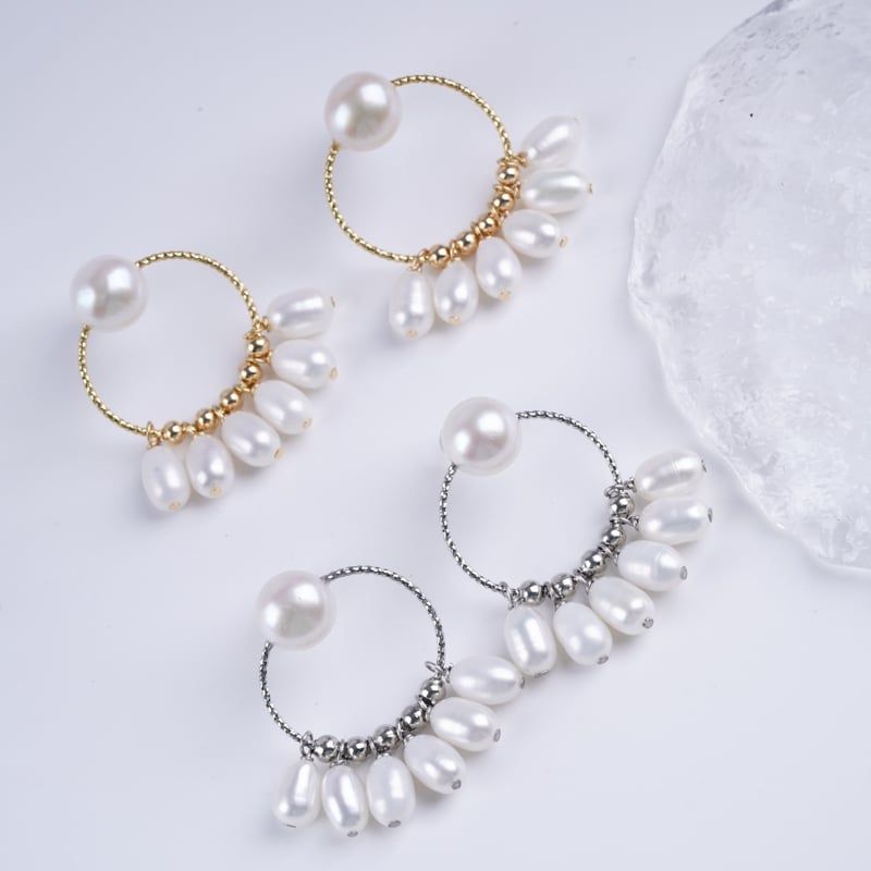 Bông Tai Ngọc Trai Tự Nhiên Hiện Đại Vòng Tròn Đính 6 Hạt Ngọc Trai Giọt Nước Ngọc Trai Phú Quốc Giá Sỉ BTG169