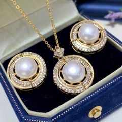 Bộ Trang Sức Ngọc Trai Thật Tự Nhiên Size Lớn 10-11mm, Viền Vàng Đính Đá Cao Cấp - Ngọc trai Giá Sỉ Phú Quốc MADAME HIEN PEARLS SPS124