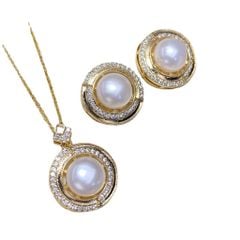 Bộ Trang Sức Ngọc Trai Thật Tự Nhiên Size Lớn 10-11mm, Viền Vàng Đính Đá Cao Cấp - Ngọc trai Giá Sỉ Phú Quốc MADAME HIEN PEARLS SPS124