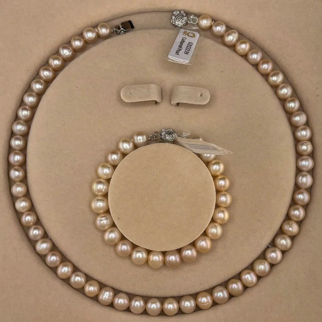 [Kèm kiểm định] Bộ Set Ngọc Trai Vòng cổ và Vòng Tay Bộ Trang Sức Ngọc Trai Hồng Tím 8-9mm Tự Nhiên Ngọc Trai Phú Quốc Giá Sỉ SCT050