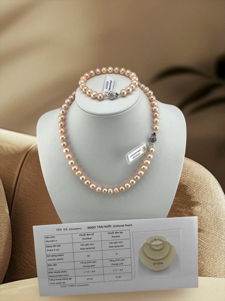 [Kèm kiểm định] Bộ Set Ngọc Trai Vòng cổ và Vòng Tay Bộ Trang Sức Ngọc Trai Hồng Tím 8-9mm Tự Nhiên Ngọc Trai Phú Quốc Giá Sỉ SCT050