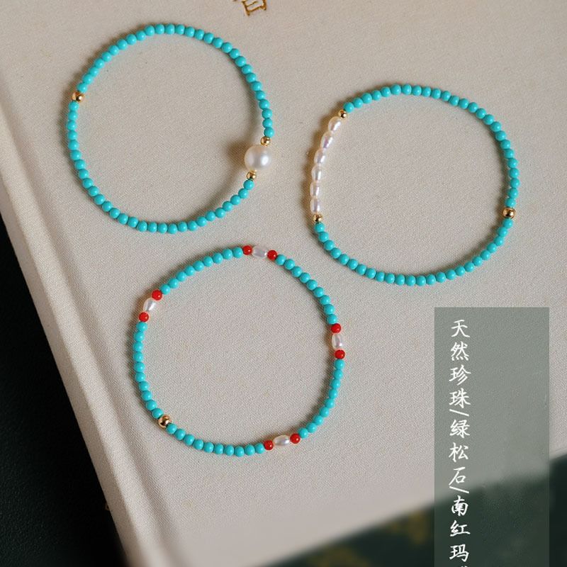 Vòng Tay Boho Ngọc Lam Turquoise beads Mặt 1 Hạt Ngọc Trai Xinh Xắn MADAME HIEN PEARLS Đáng Yêu VTT133