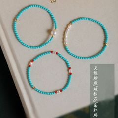 Vòng Tay Boho Ngọc Lam Turquoise beads Mặt 1 Hạt Ngọc Trai Xinh Xắn MADAME HIEN PEARLS Đáng Yêu VTT133
