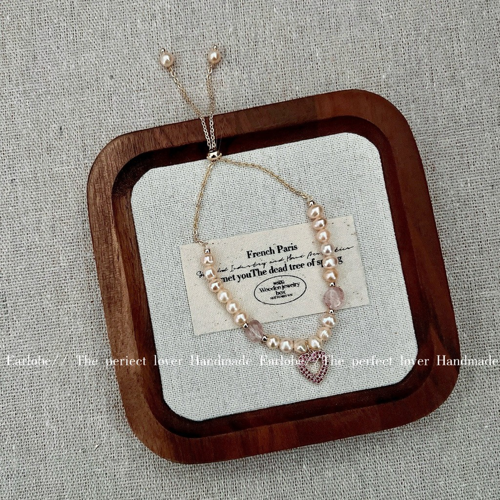 Vòng Tay Ngọc Trai Tự Nhiên Mặt Trái Tim Phối Đá Thạch Anh Xinh Xắn MADAME HIEN PEARLS Đáng Yêu VTT129