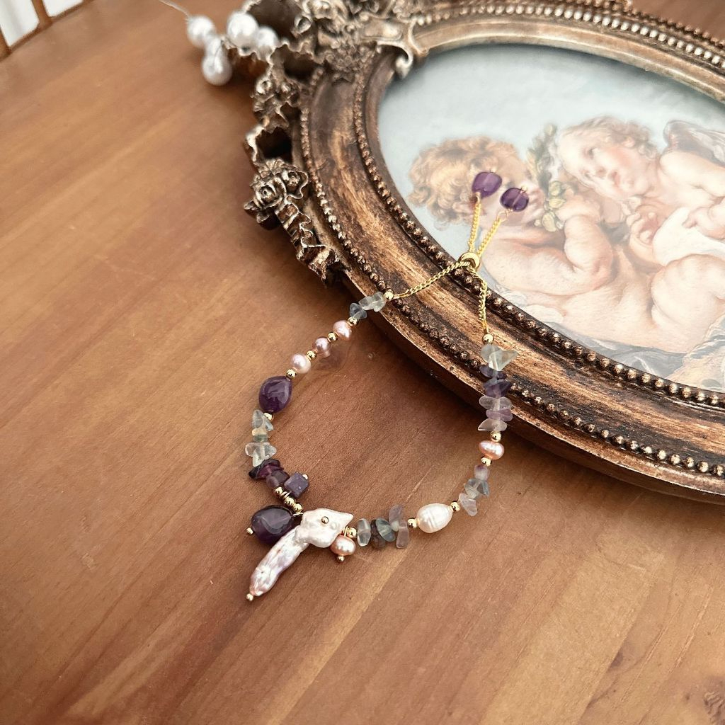 Vòng Tay Ngọc Trai Baroque Tự Nhiên Nhiều Kích Thước Phối Đá Thạch Anh Tím Thiết Kế MADAME HIEN PEARLS VTB015