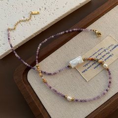 Vòng cổ Phong Cách Boho Đá Thạch Anh Tím Đa Sắc Phối Ngọc Trai Baroque Tự Nhiên Cá Tính MADAME HIEN PEARLS Nam Nữ BPMB003