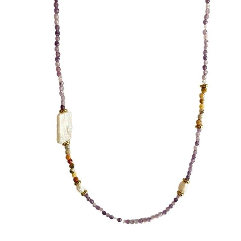 Vòng cổ Phong Cách Boho Đá Thạch Anh Tím Đa Sắc Phối Ngọc Trai Baroque Tự Nhiên Cá Tính MADAME HIEN PEARLS Nam Nữ BPMB003
