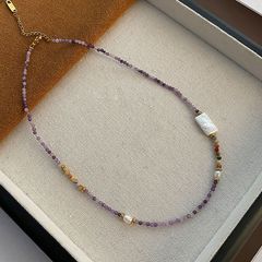 Vòng cổ Phong Cách Boho Đá Thạch Anh Tím Đa Sắc Phối Ngọc Trai Baroque Tự Nhiên Cá Tính MADAME HIEN PEARLS Nam Nữ BPMB003