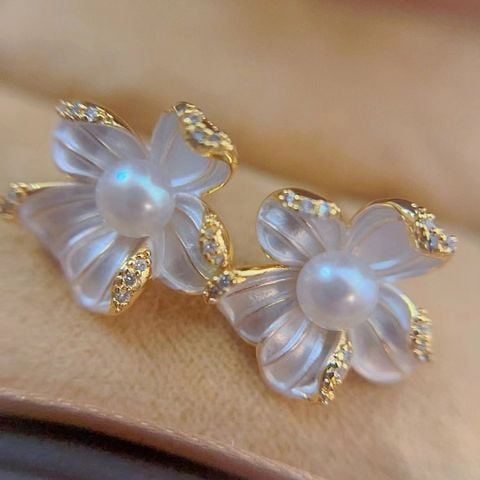 Bông Tai Kim Bạc s925 Ngọc Trai Tự Nhiên Hoa Lan 5 Cánh 3D Sống Động - Trang Sức Ngọc Trai Phú Quốc Giá Sỉ BTN326