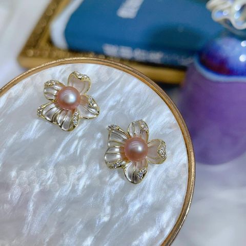 Bông Tai Kim Bạc s925 Ngọc Trai Tự Nhiên Hoa Lan 5 Cánh 3D Sống Động - Trang Sức Ngọc Trai Phú Quốc Giá Sỉ BTN326