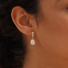 Bông Tai Ngọc Trai Tự Nhiên Kiểu Dáng Cơ Bản Đính Dãy 3 Hạt Zircon MADAME HIEN PEARLS Thời Trang Nữ BTG074