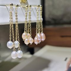 Bông Tai Ngọc Trai Nước Ngọt Tự Nhiên Giọt Nước Tua Dài MADAME HIEN PEARLS BTG049